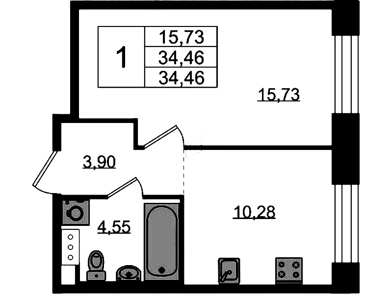 1-комнатная квартира 34.46 м², 5/5 эт., ЖК «Plus Пулковский»